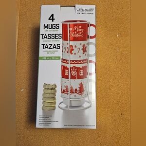 Signiture KirjChristmas Mug Tower Set with White Metal Organizer - Red and White